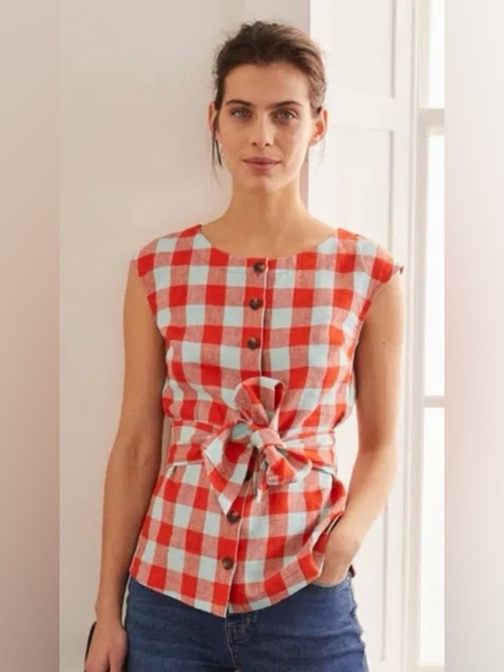 Boden Red/Orange and Light Blue Gingham Linen Button-Front Tie-Waist Blouse